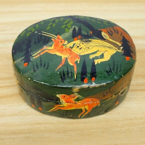 Vintage Handpainted Kashmiri Lacquer Forest Animals Trinket Box - Picture 1 of 16